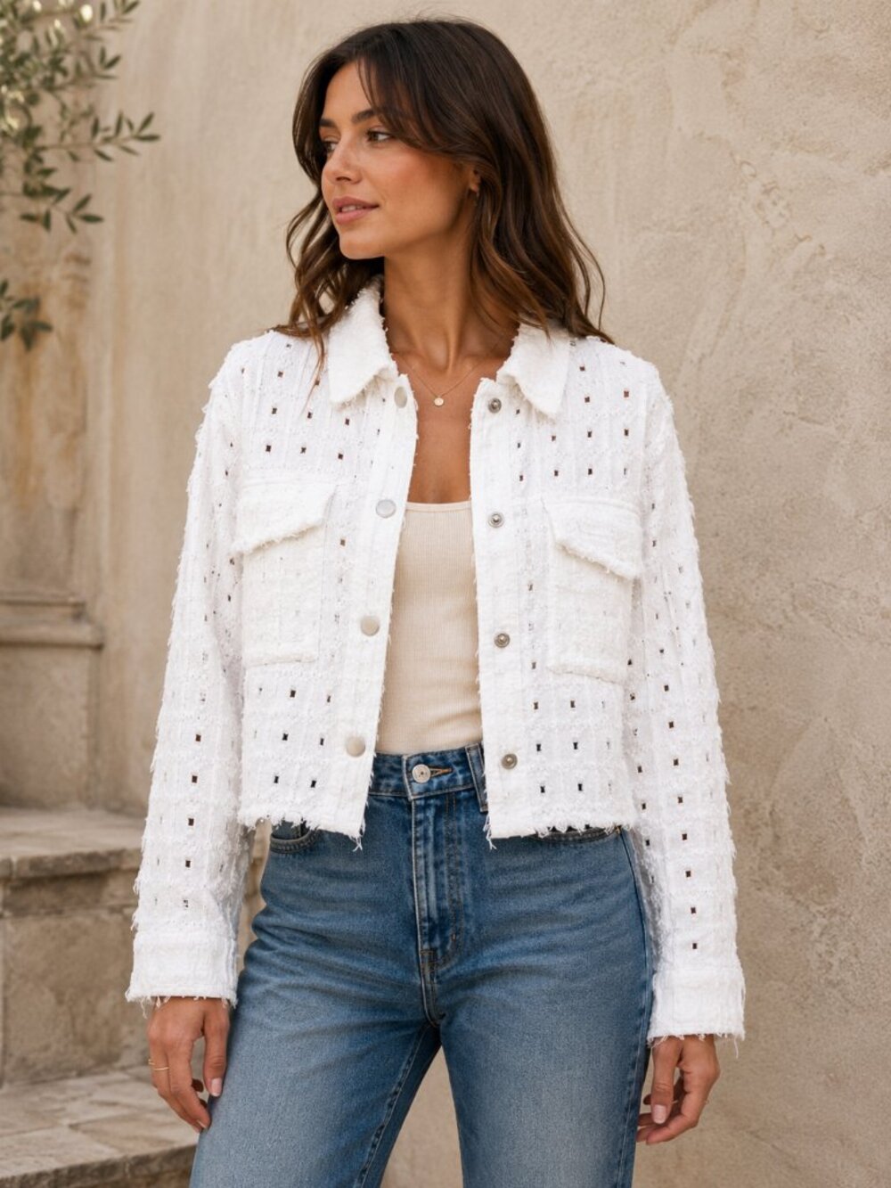 Le Lis Jacket M White Eyelet Cropped Raw Hem Textured Boho Shacket Textured